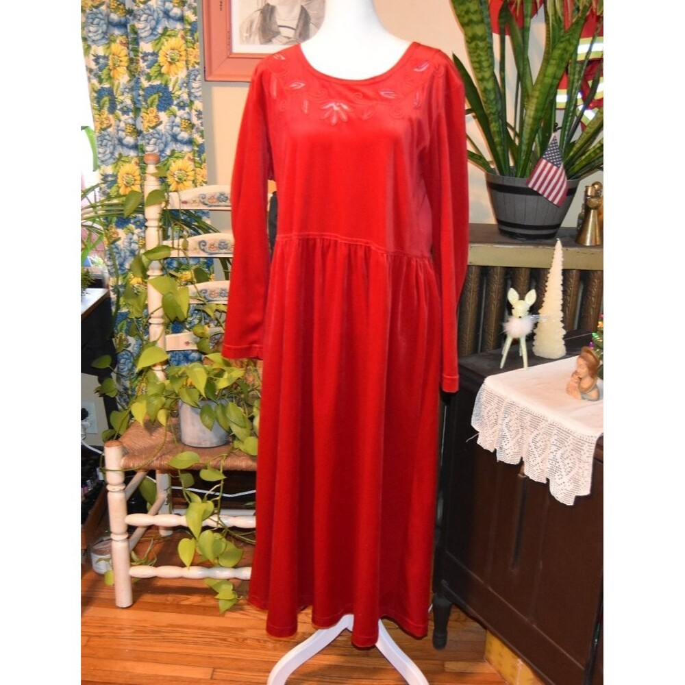 Vintage 90s Studio Ease Red Velvet Long Sleeve Empire Waist Dress Size Large